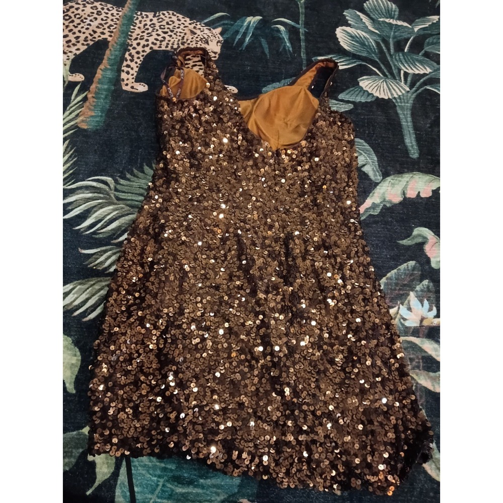 VTG Scala Bronze Gold Sequin Mini Dress Sleeveless Cocktail Party Women 14 Silk - Picture 3 of 7